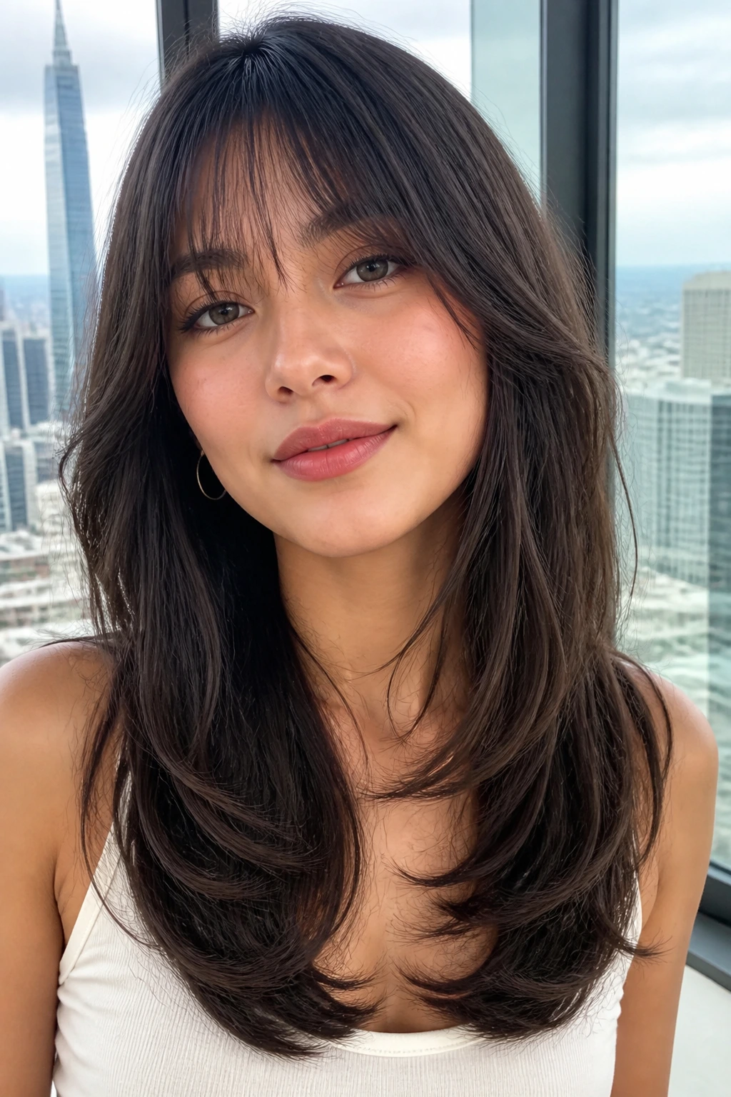 Close-up portrait of a real woman with U-shaped length and brow-skimming fringe in daylight