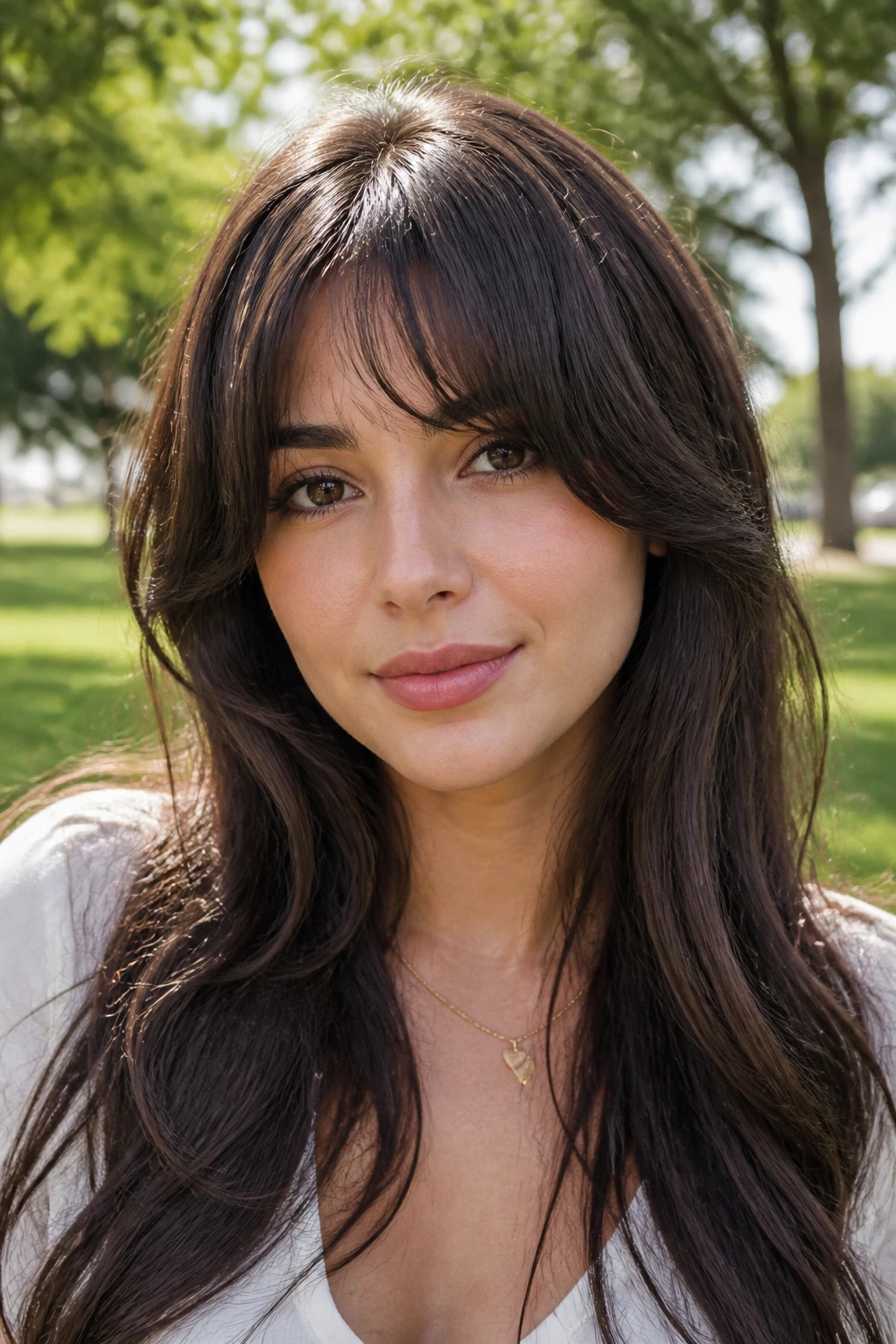 Close-up of a real person with a soft U-shaped fringe in a sunny park