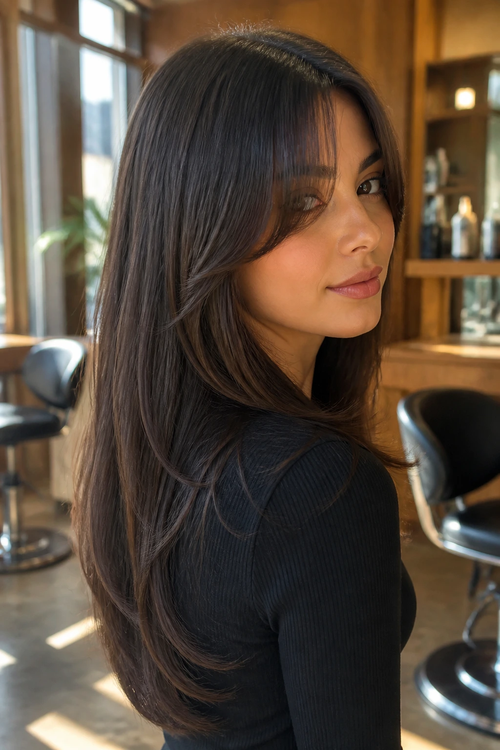 Close-up of a real woman with a U-shaped long cut and curtain bangs in a salon setting