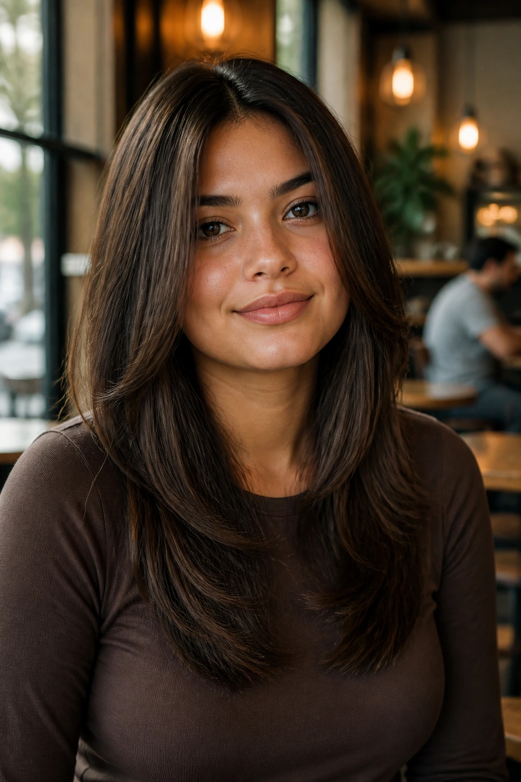 Close-up of a real woman with a U-shaped haircut and softly tapered sides
