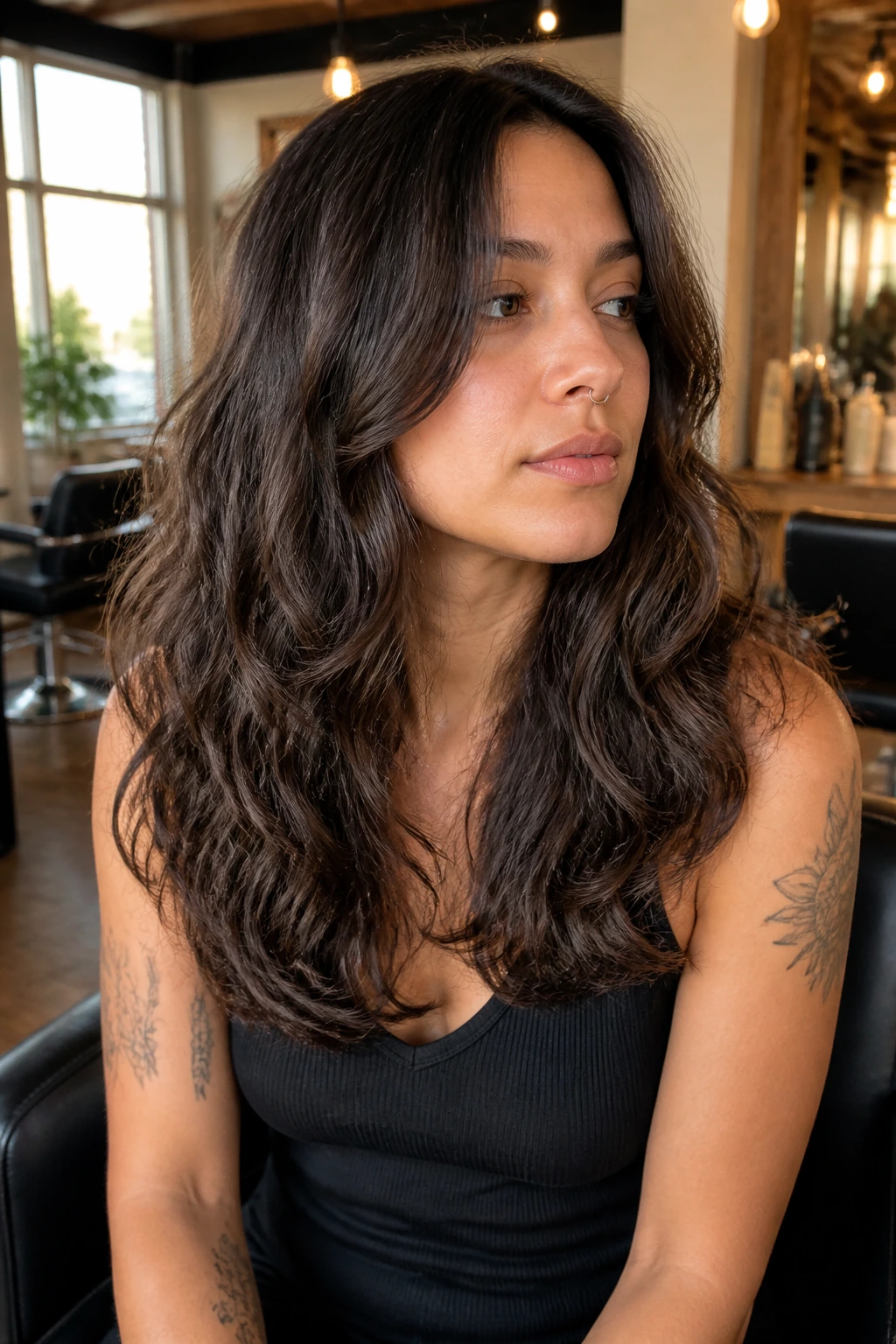 Portrait of a woman with long wavy hair and a soft rounded hemline at the ends