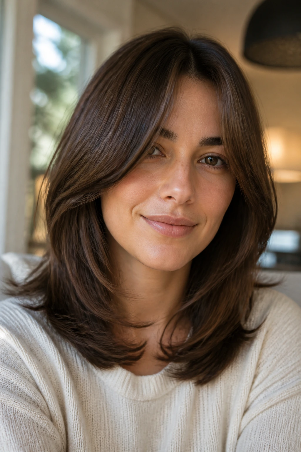 Real person with a U-shaped layered shoulder-length hairstyle in natural window light
