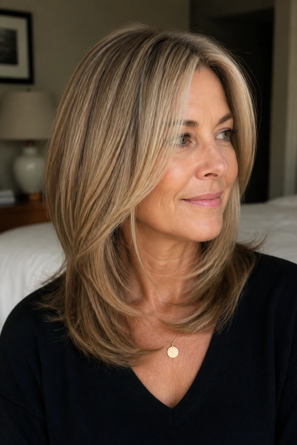 Close-up portrait of a real woman with U-shaped layers and long front pieces framing her face in natural light