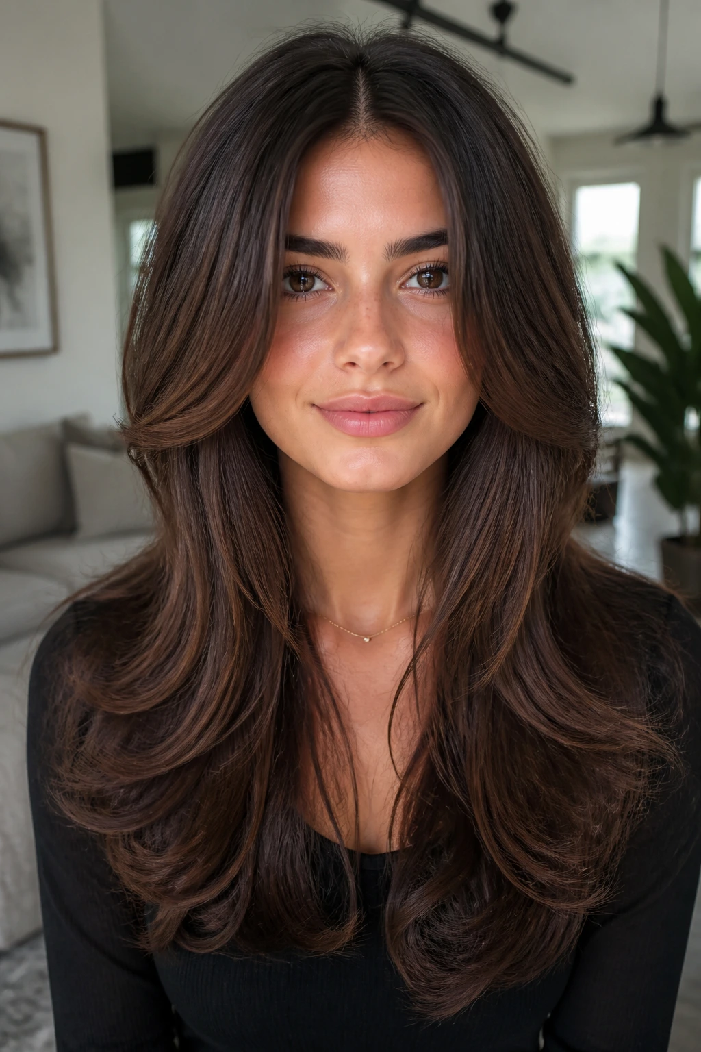 Close-up of a real person with U-shaped layers and a heavy perimeter.