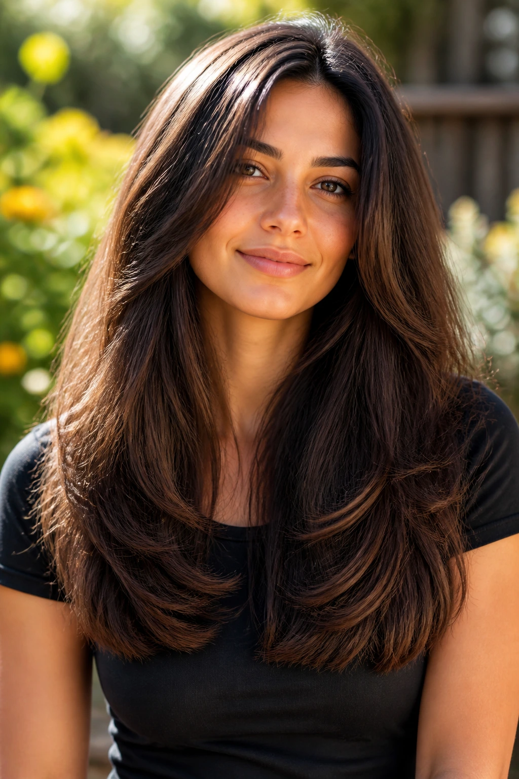 Portrait of a woman with long hair and U-shaped layers creating a soft arc