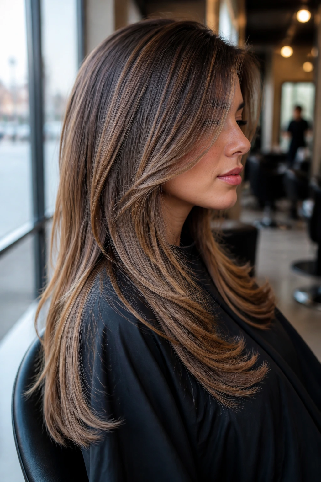 Side-profile of a real woman with U-shaped long layers, hair curving around shoulders
