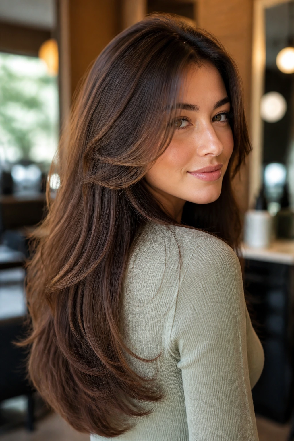 Close-up portrait of a real woman with U-Shaped Layers for Long Lengths; long layered hair fills the frame