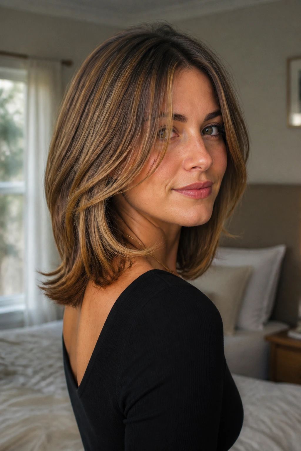 Close-up of a real person with shoulder-length U-shaped back layers in natural bedroom light