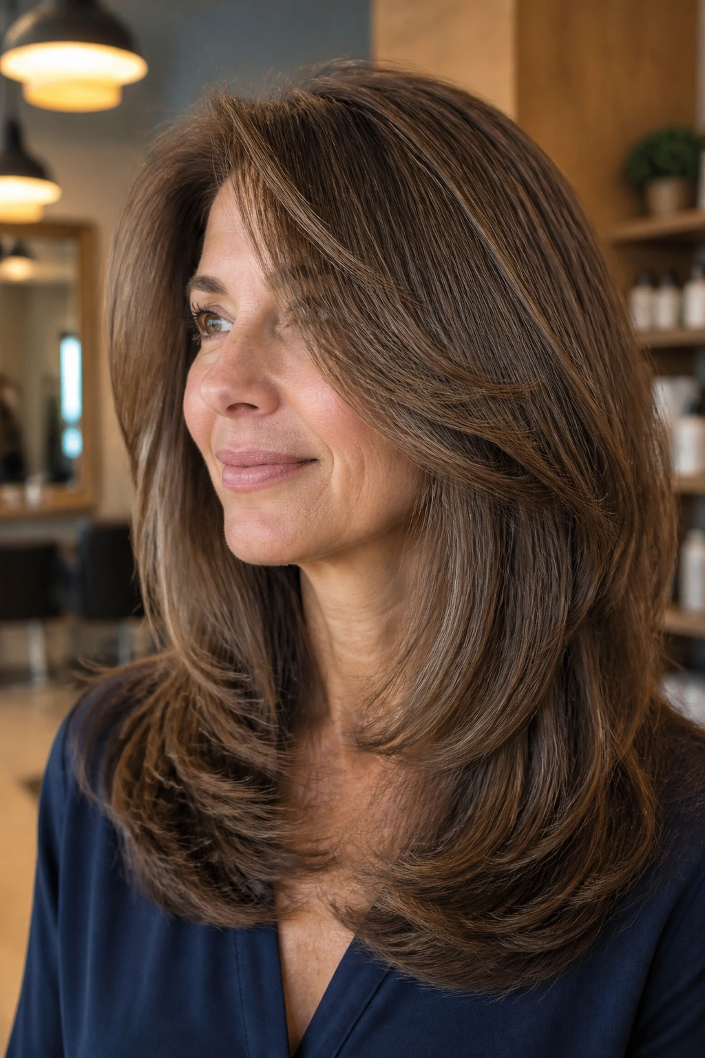 Close-up of a real woman with thick hair in a soft U-shaped layered cut.