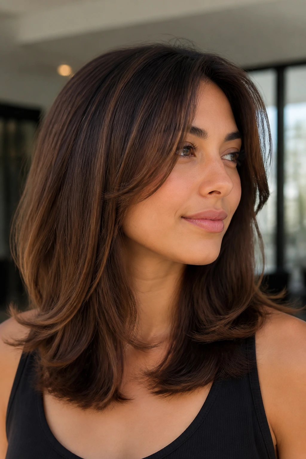 Portrait of a person with thick hair and U-shaped layers