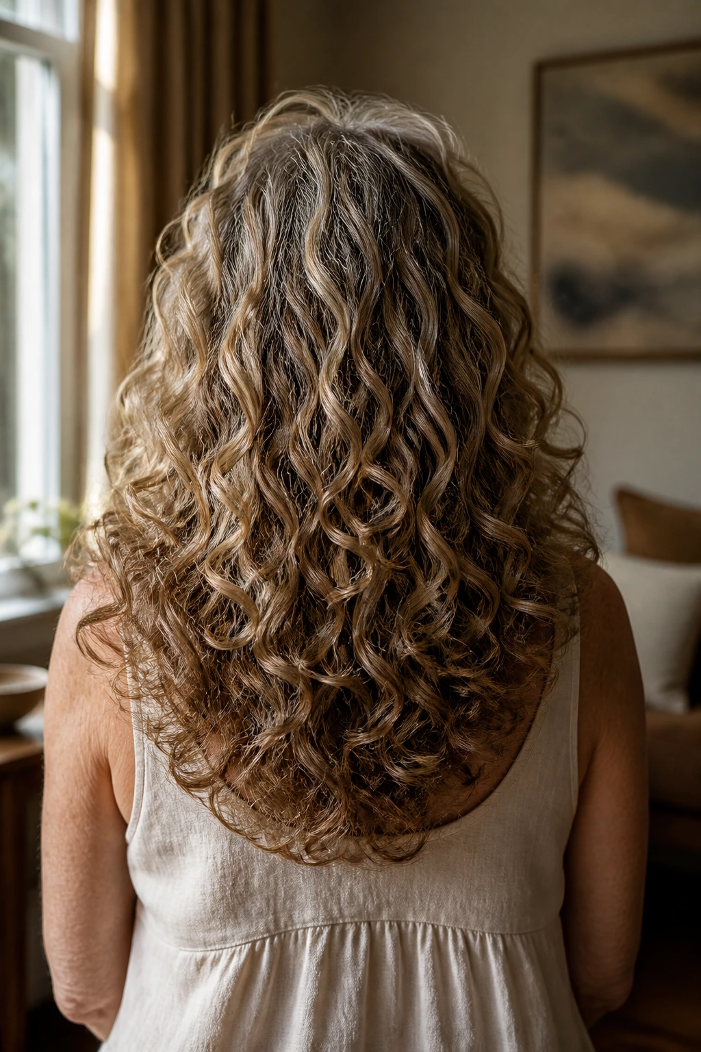 Back-of-head view of a real woman with long curls in a U-shaped length