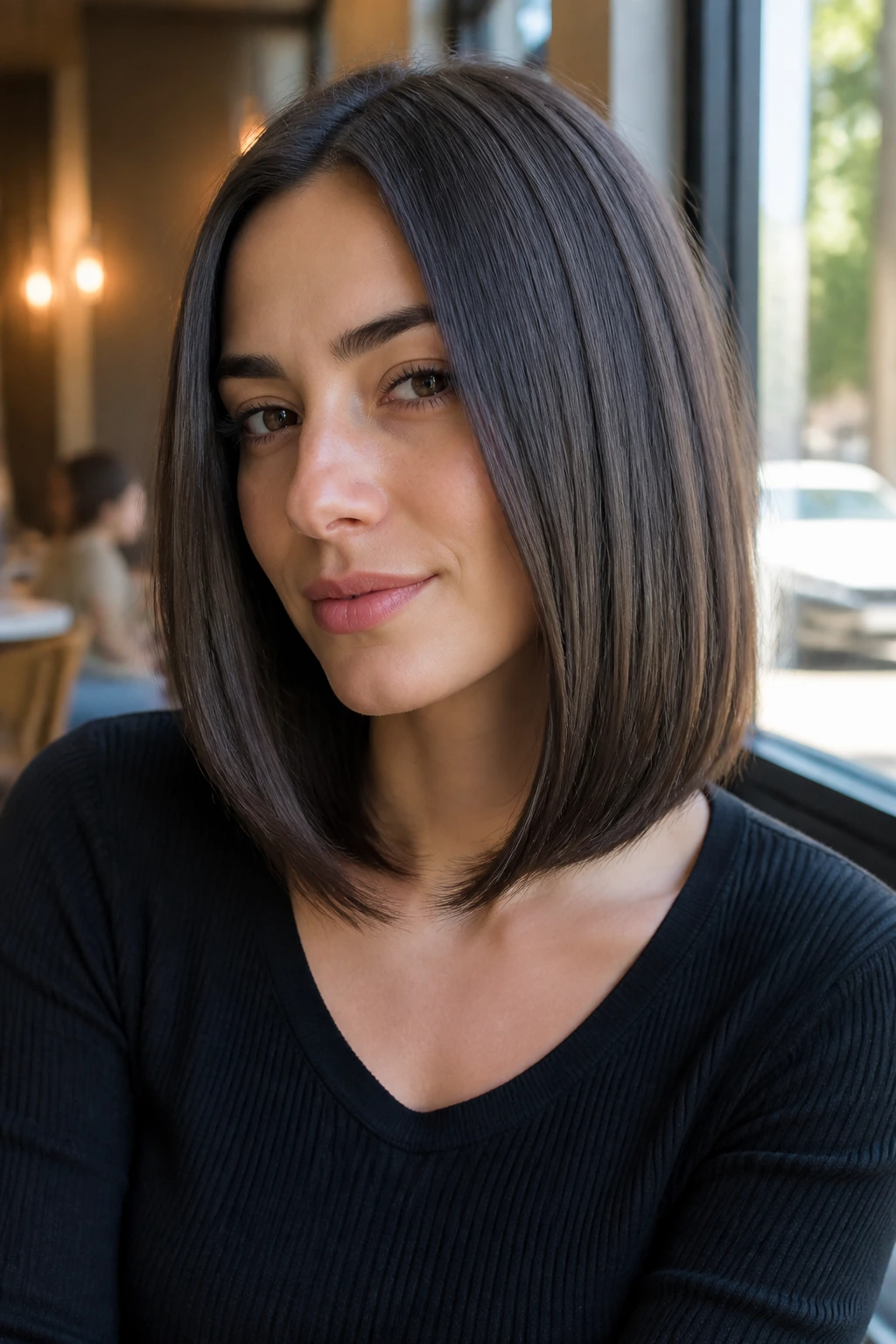 Close-up portrait of a real woman with a soft rounded U-shaped lob hairstyle