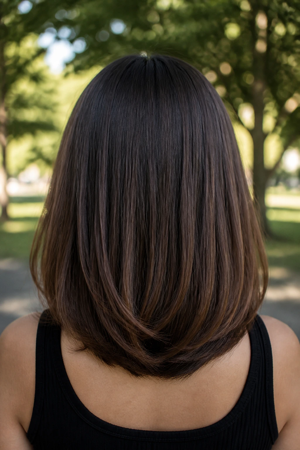 Back-of-head view of a real woman with a U-shaped lob in soft outdoor light.
