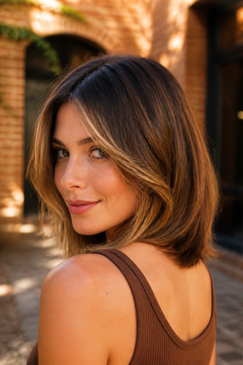 Close-up of a woman with a shallow U-shaped lob and face-framing pieces