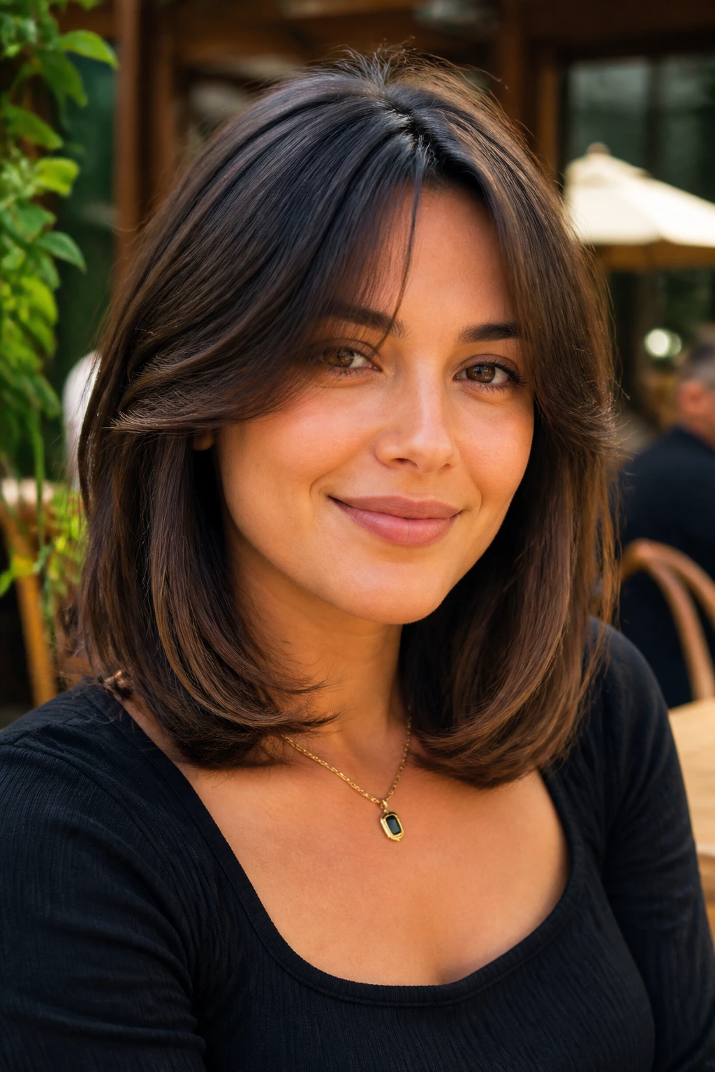 Close-up of a real woman with a U-shaped lob and soft front ribbons around the face