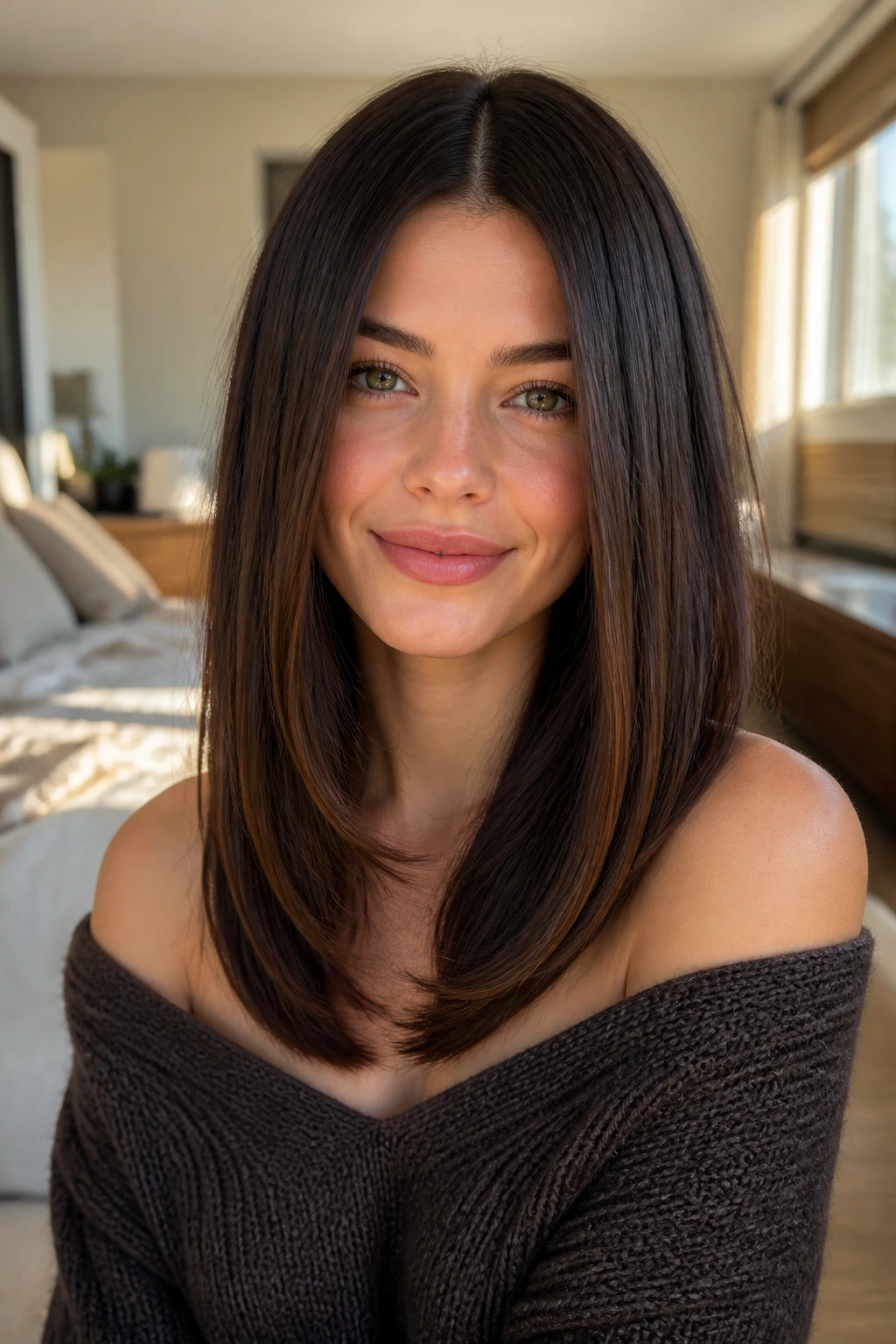 Close-up of a real woman with a U-Shaped Lob That Keeps the Center Full; soft rounded long bob on straight hair