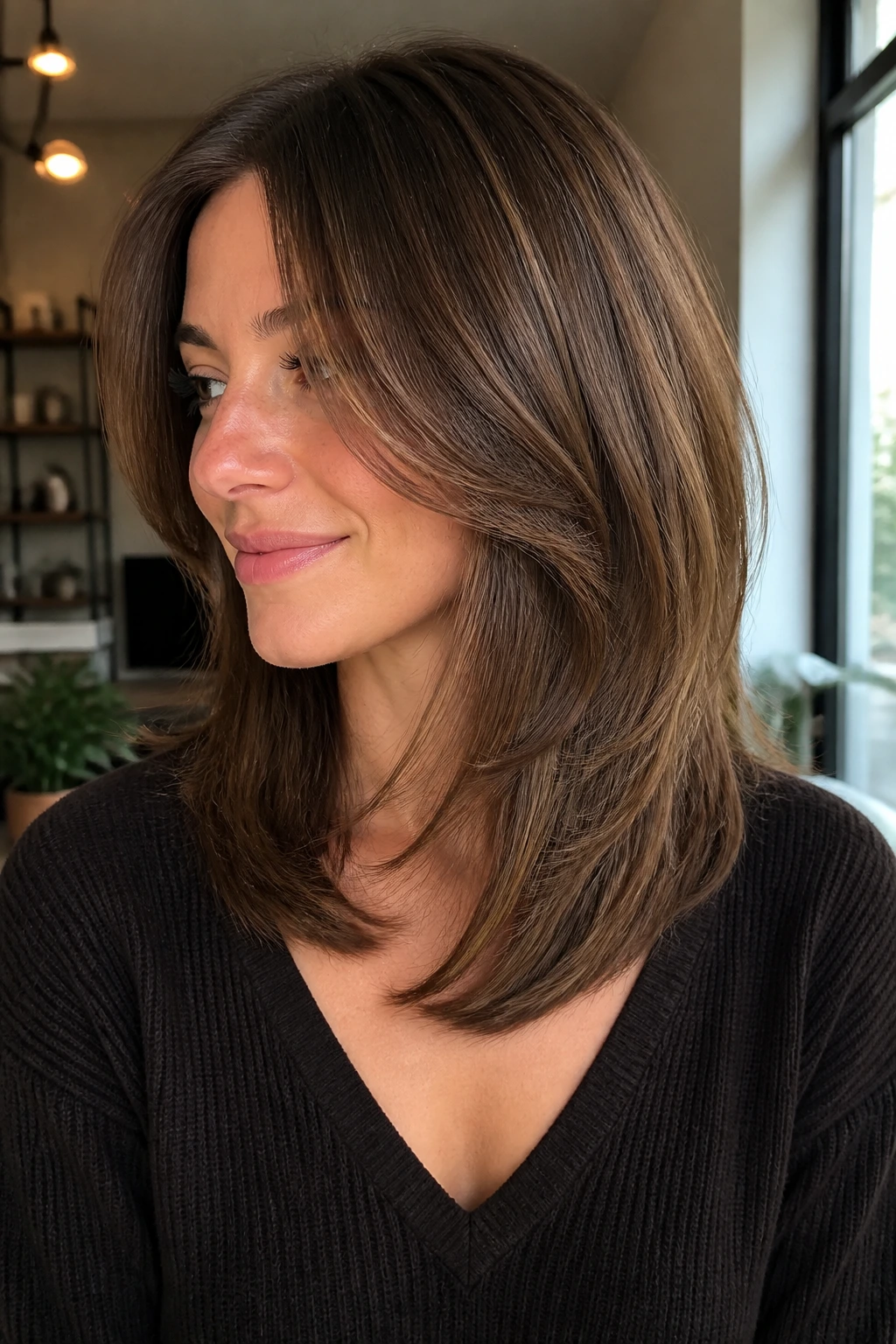 Close-up portrait of a real person with a U-Shaped Lob With Long Layers in natural window light