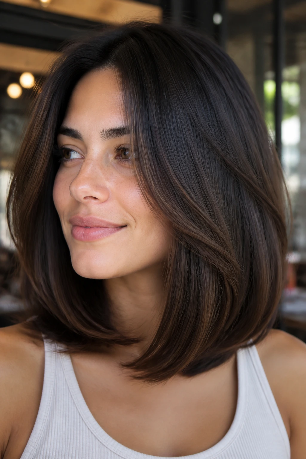 Close-up of a real woman with a soft U-shaped lob in a sunlit cafe