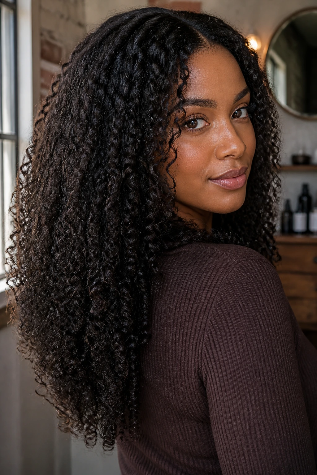 Close-up portrait of a real Black woman with a U-shaped long cut and long 3B curls in soft window light
