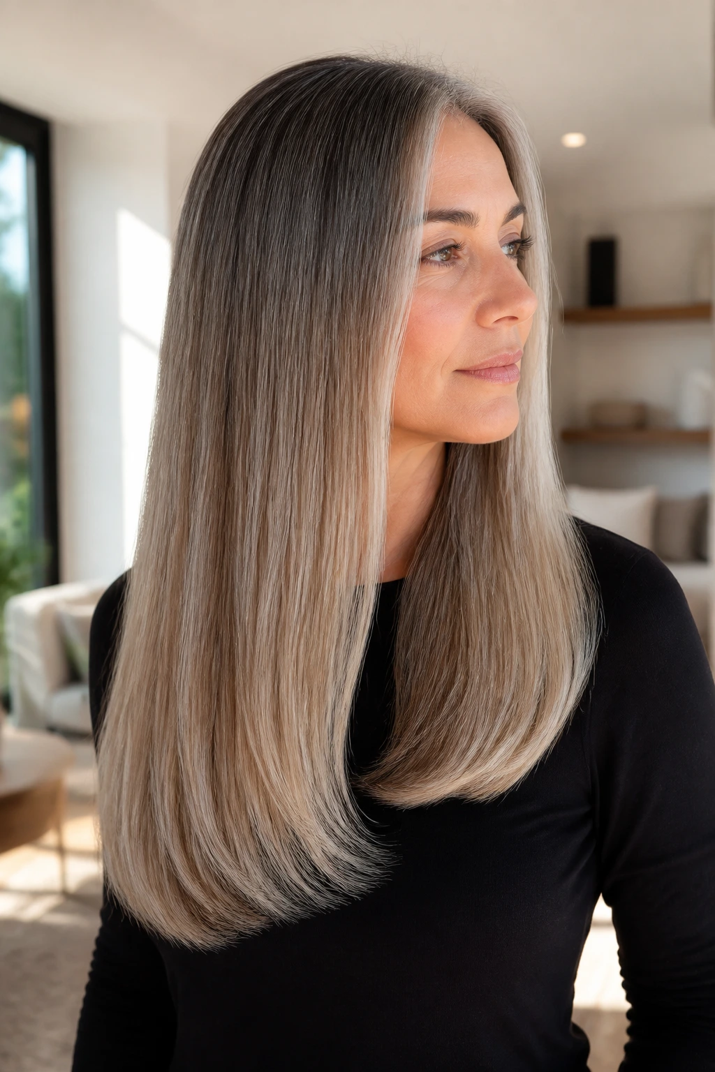 Portrait of a real woman with a U-shaped long cut showing back length and curved front in natural light