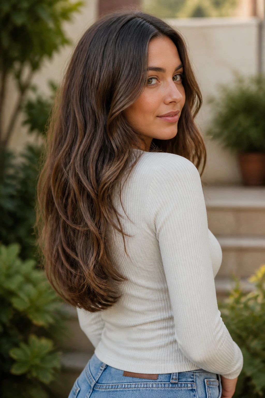 Close-up of a real woman with a U-shaped long cut and soft waves.