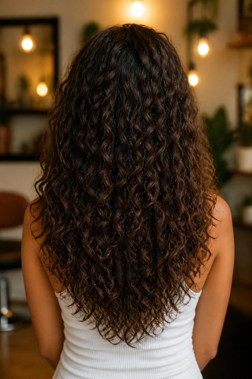 Back-of-head view of a real woman with a U-shaped long cut and choppy ends