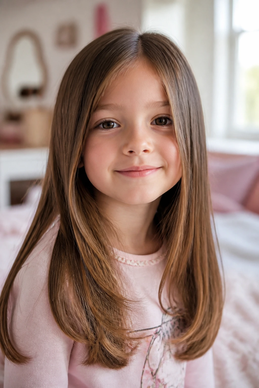 Close-up of a child with a U-Shaped Long Cut featuring a rounded back hem