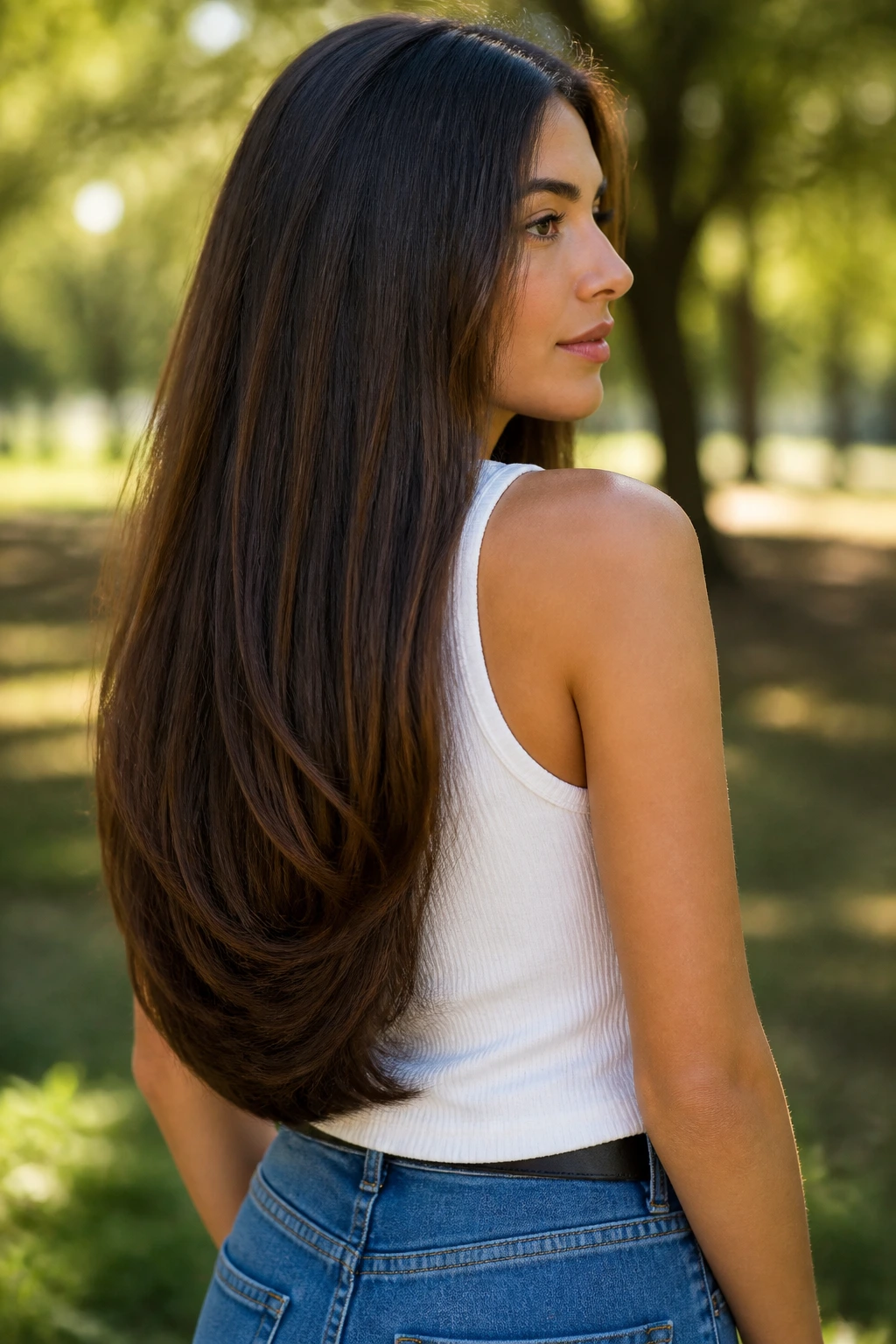 Close-up profile of a real person showcasing a U-shaped long cut with a gentle curved perimeter.