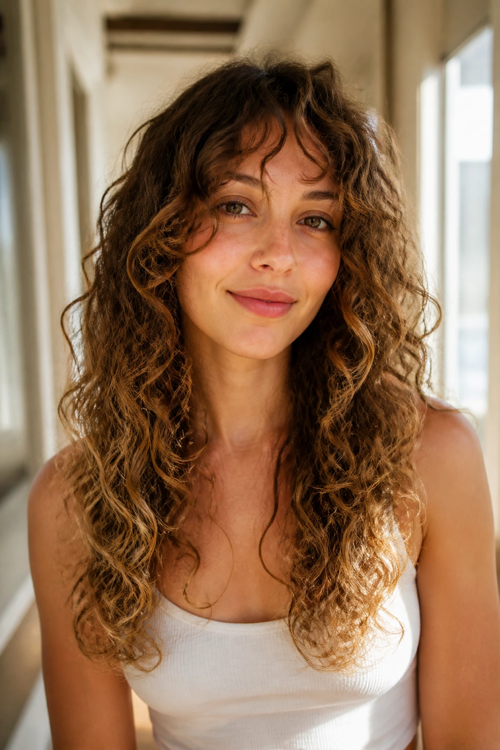 Close-up portrait of a woman with long U-shaped cut and light ends