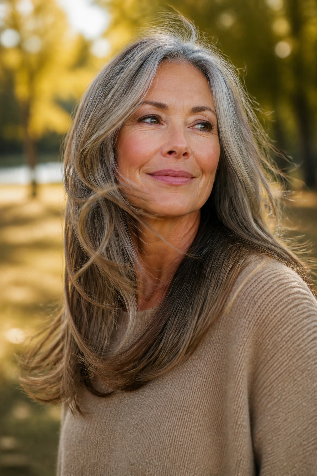 Real woman with long U-shaped cut in a windy park, movement in hair