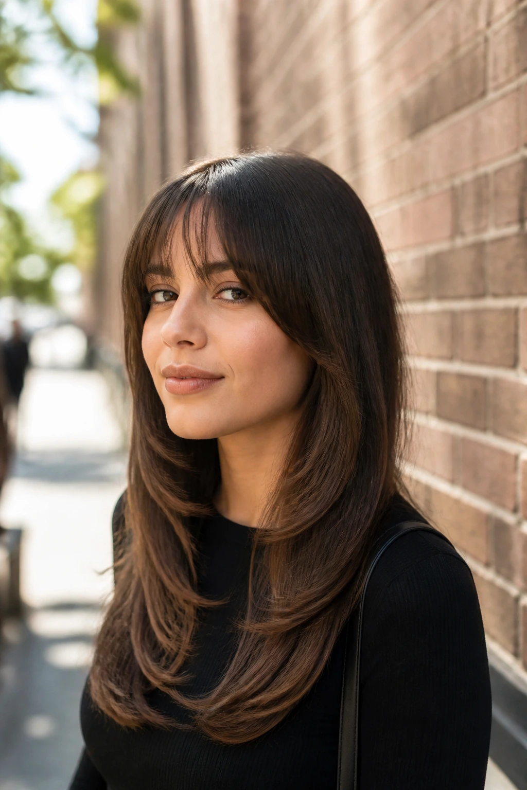 Portrait of a woman with long hair and bottleneck bangs in daylight outdoors.