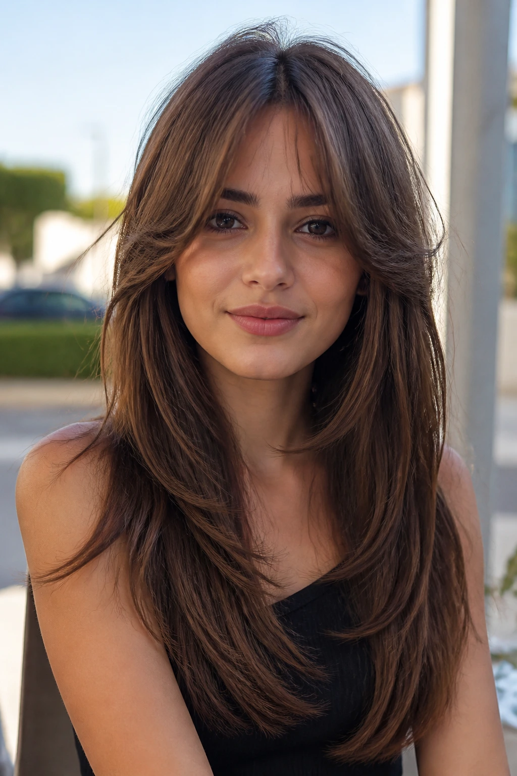 Real woman with U-shaped long hair and face-framing pieces