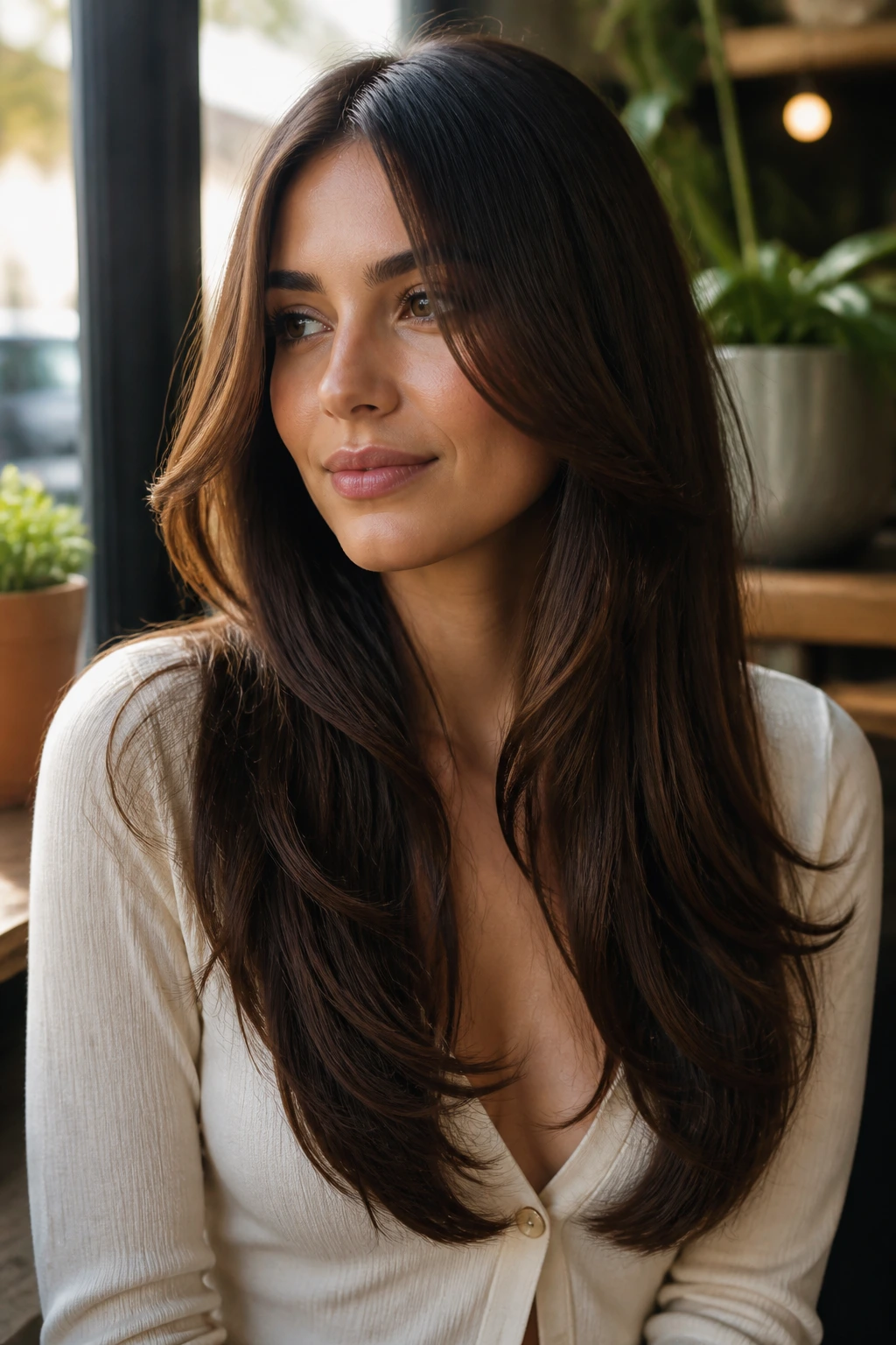 Portrait of a real woman with U-shaped long layers and a soft center part