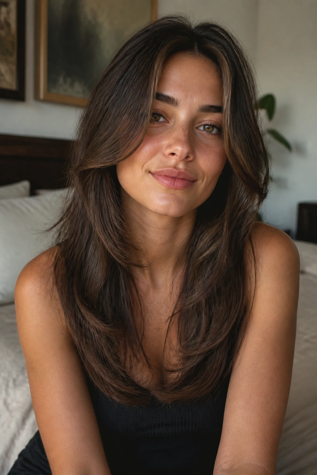 Close-up of a real woman with U-shaped long layers framing the face