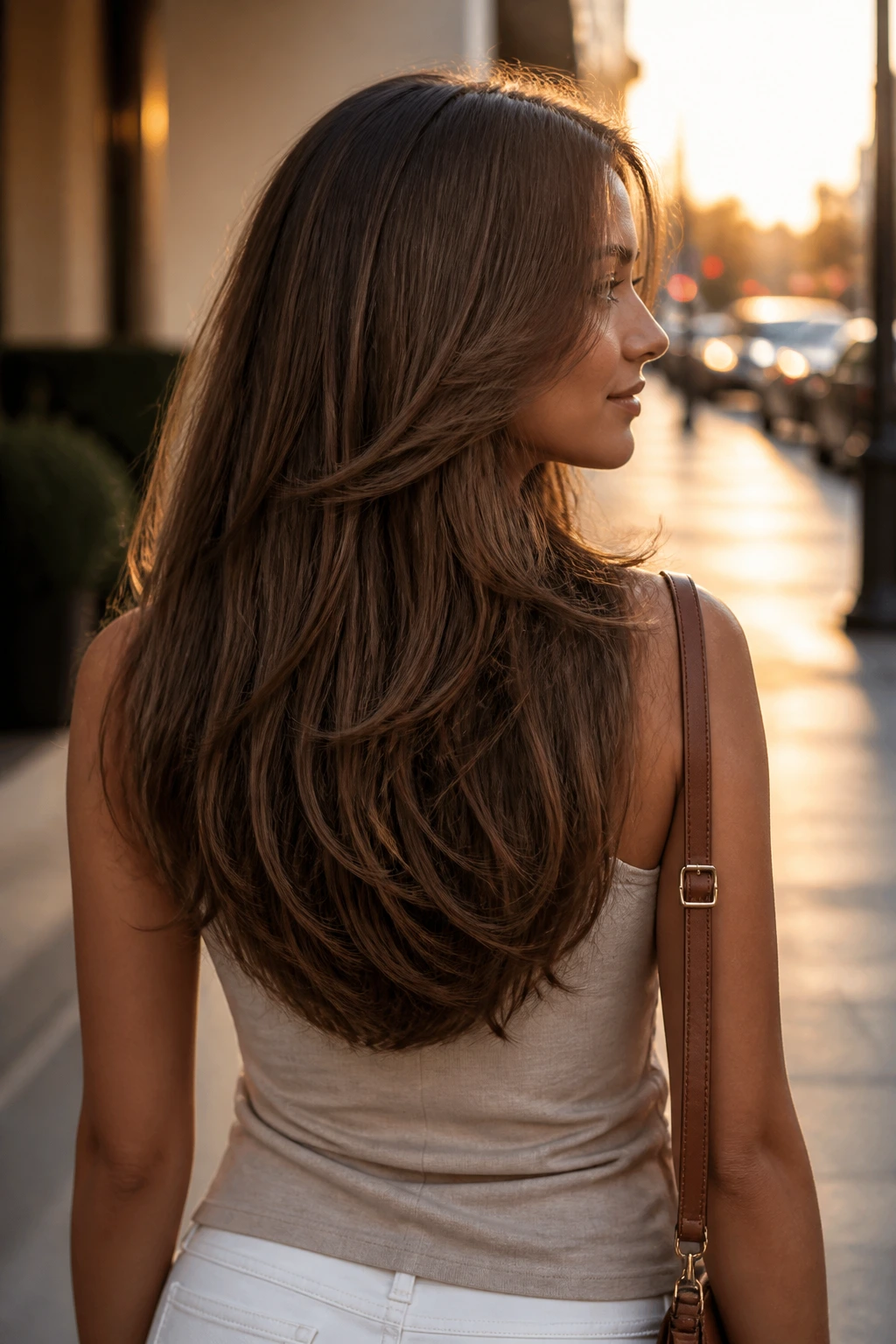 Back/three-quarter view of a real woman showing a U-shaped layer perimeter