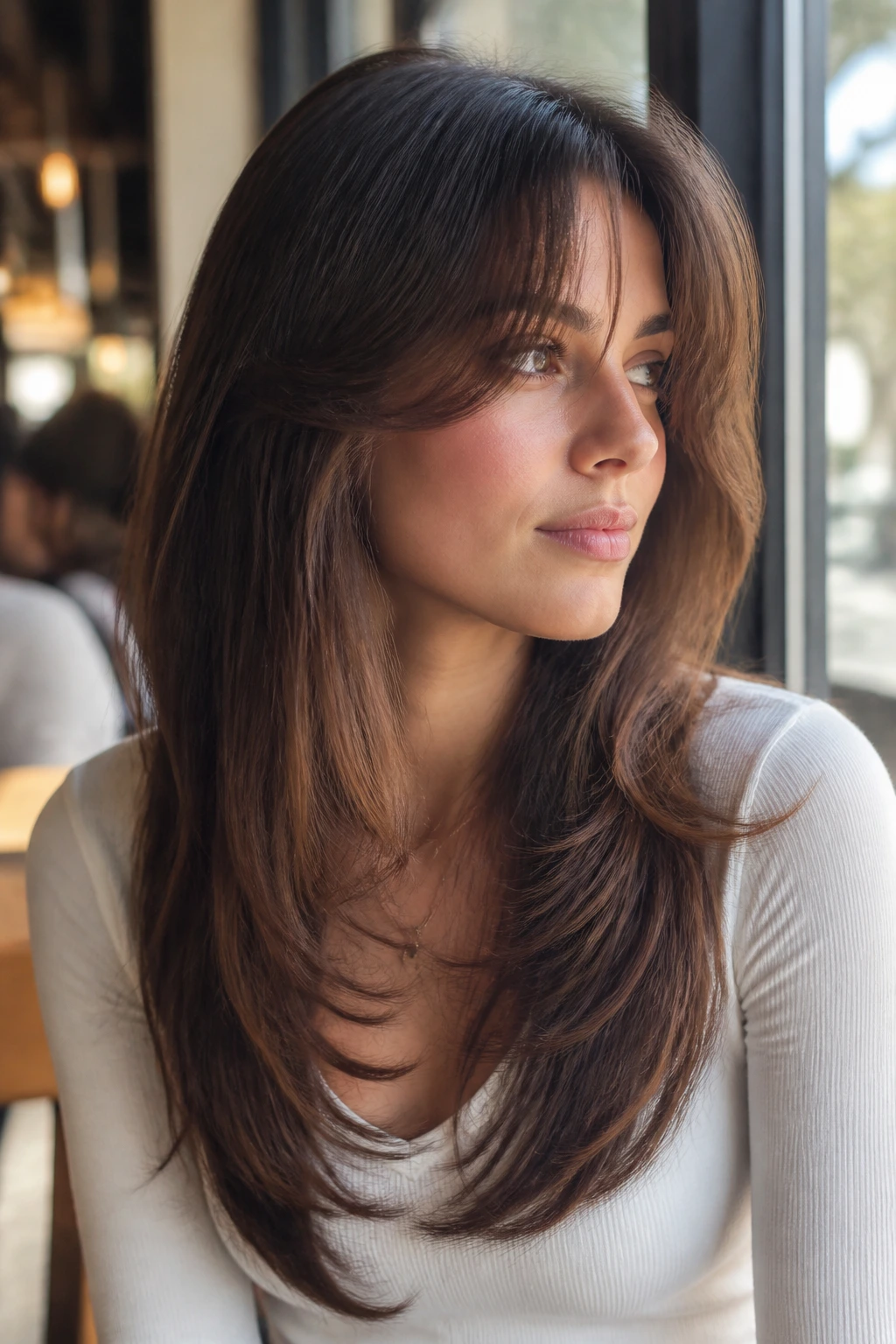 Close-up portrait of a real person with U-shaped long layers and sweeping bangs