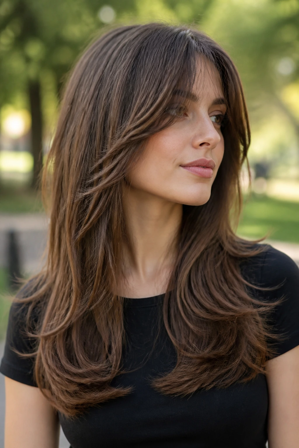 Close-up of U-Shaped Long Shag on a real person in a park