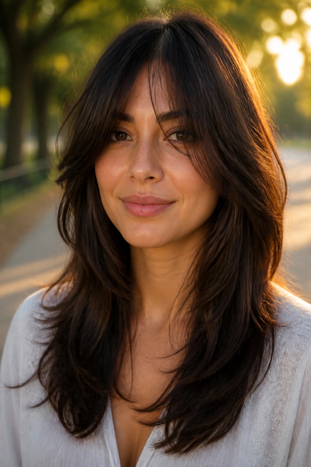 Portrait of a real person with a long U-shaped shag that curves softly around the face