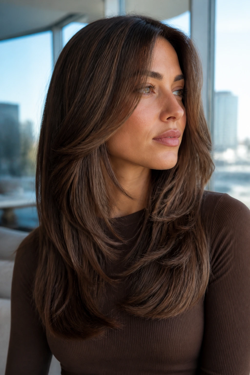 Close-up portrait of a real woman with a soft U-shaped perimeter butterfly shag.