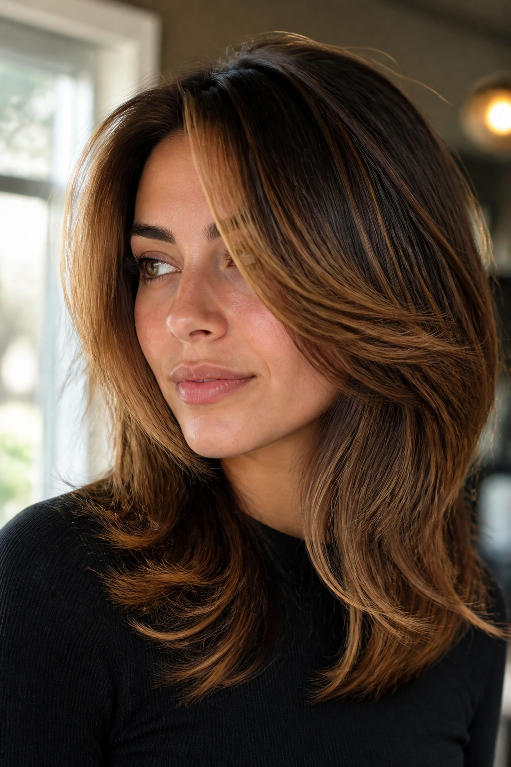 Portrait of brunette with U-shaped shag and caramel sweep highlights.