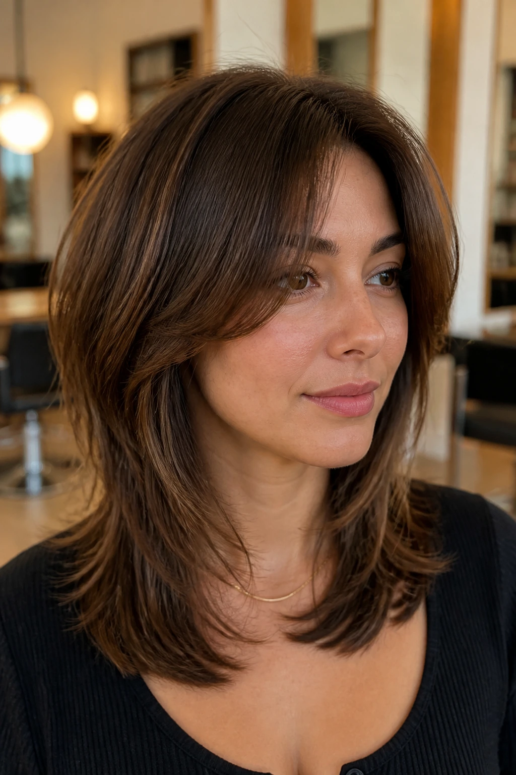 Close-up portrait of a real woman with a U-Shaped Shag and face-framing pieces, warm salon lighting.