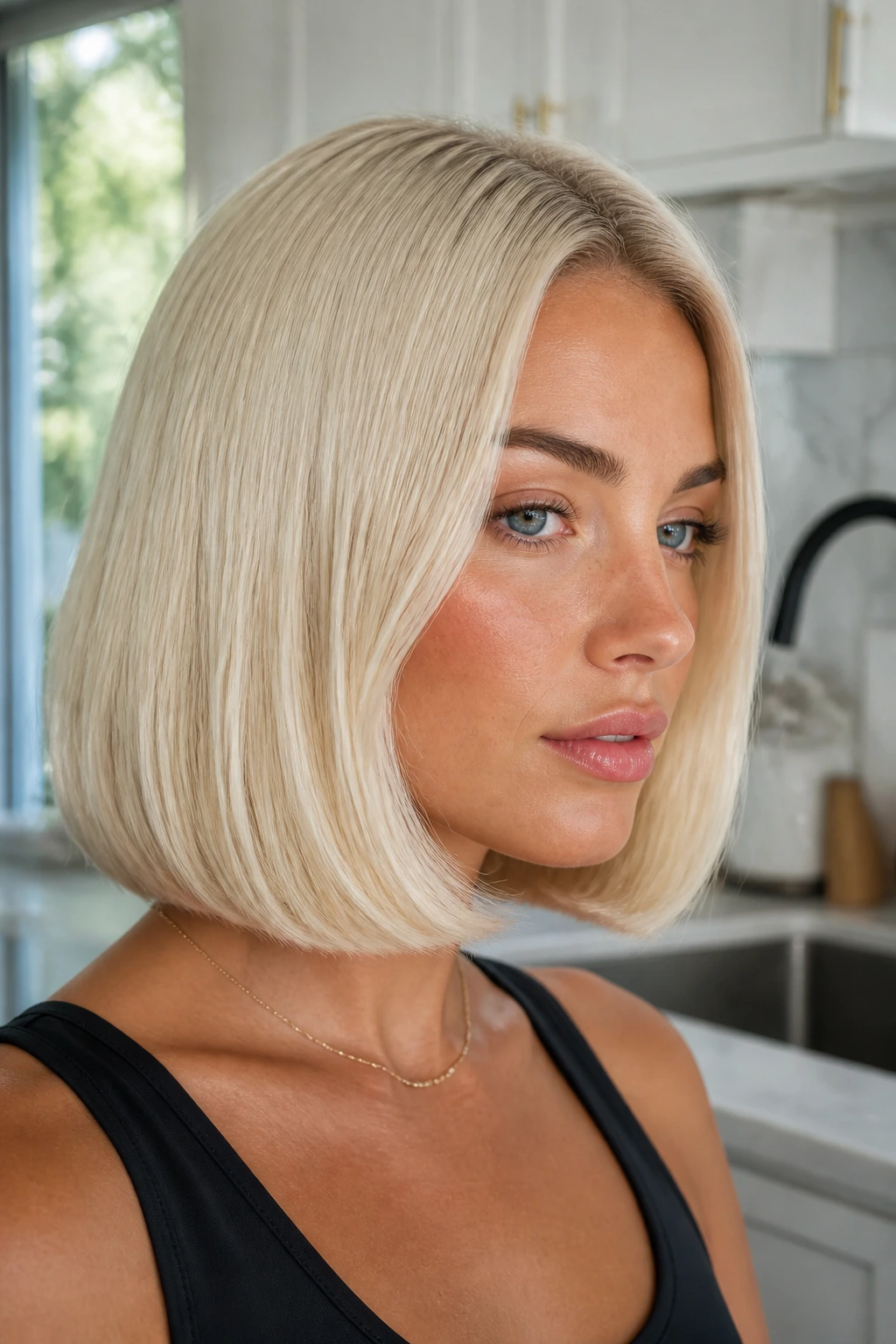 Close-up of a woman with ultra-blonde midi cut and tucked ends