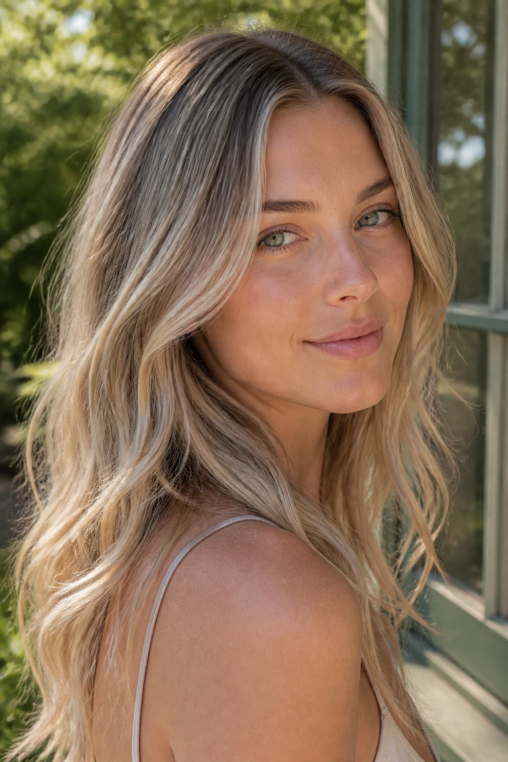 Close-up of a woman with ultra-fine babylights in sunlit hair