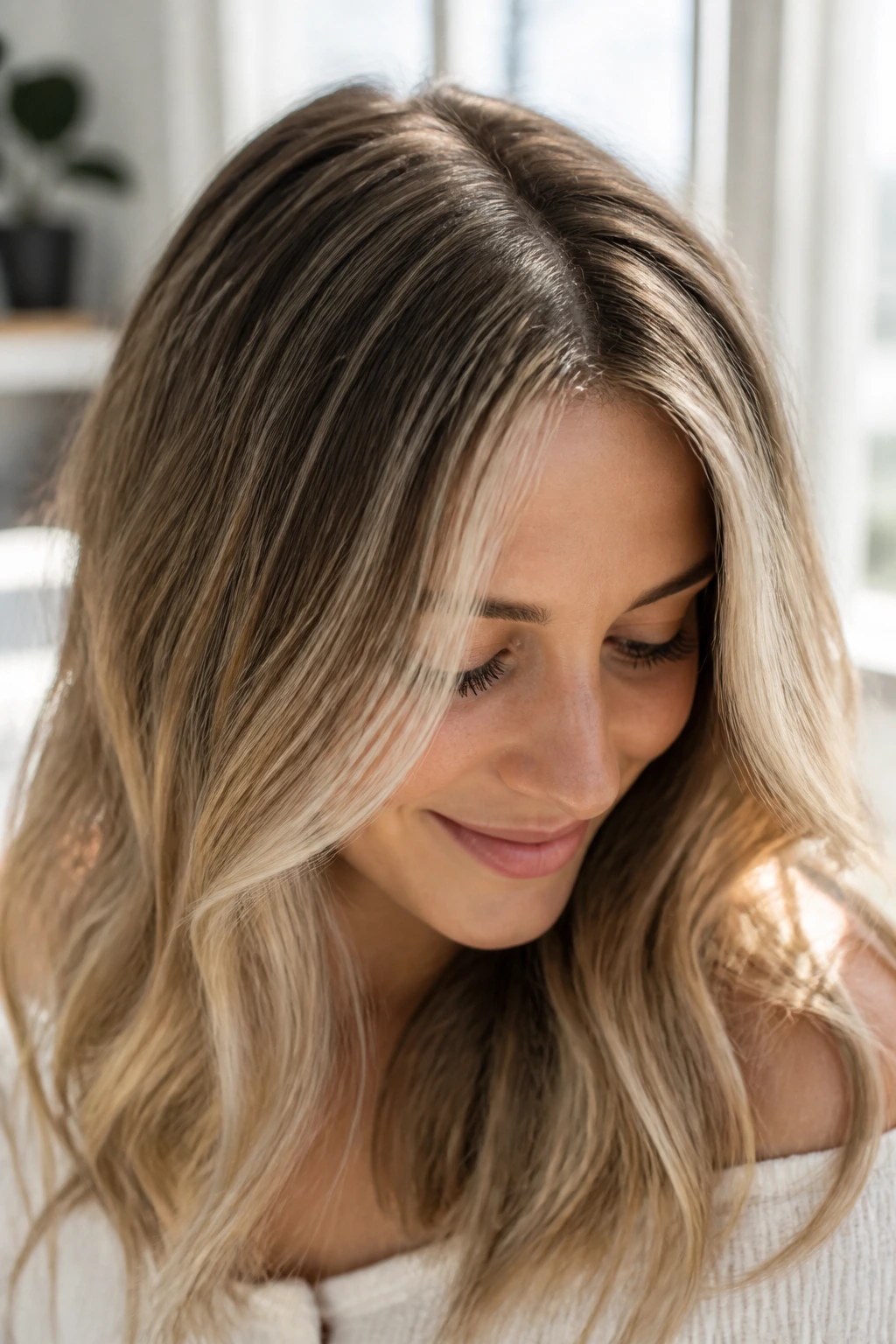 Close-up of real person with ultra-fine halo highlights around part line and crown