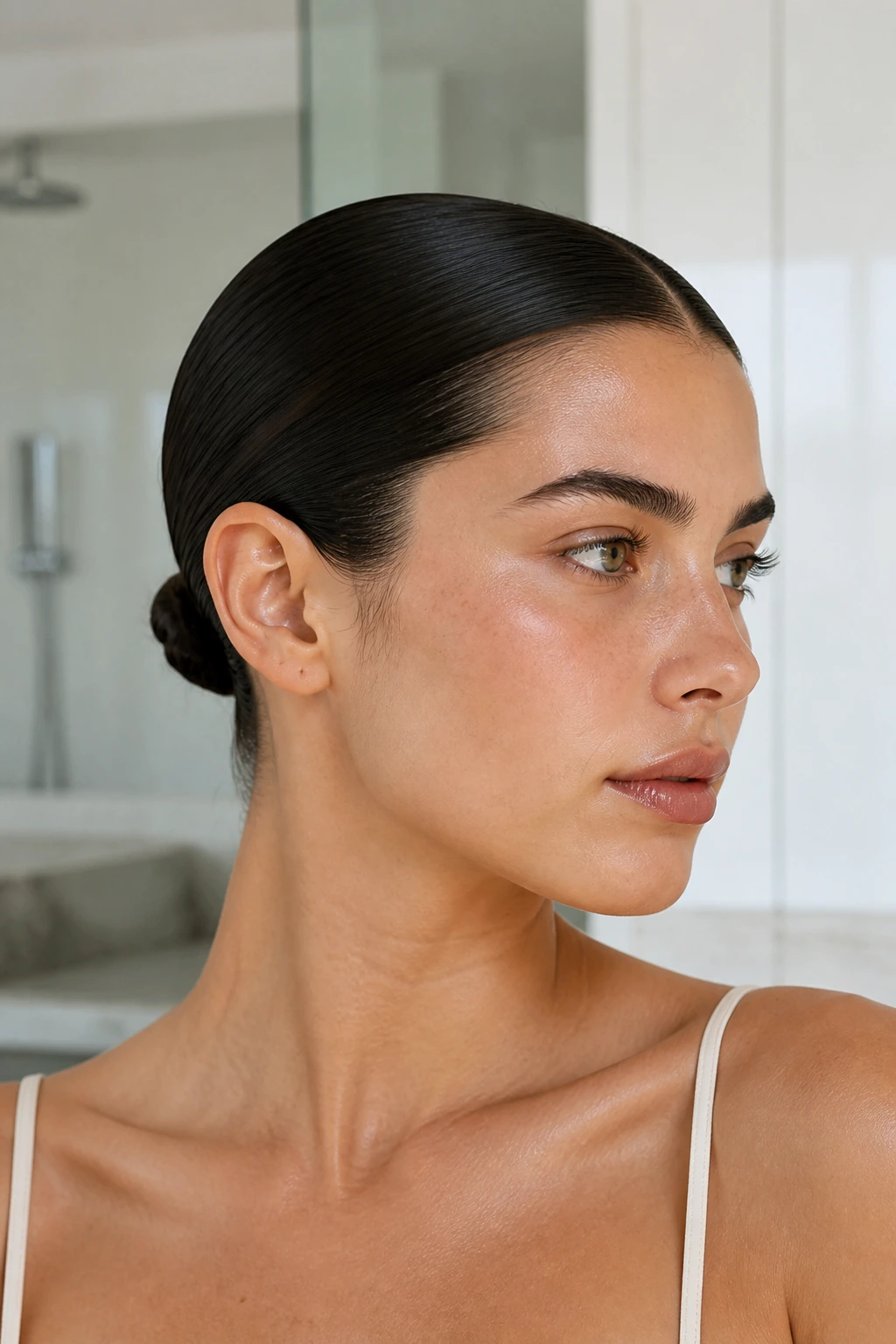 Close-up of a woman with an ultra-flat mini bun