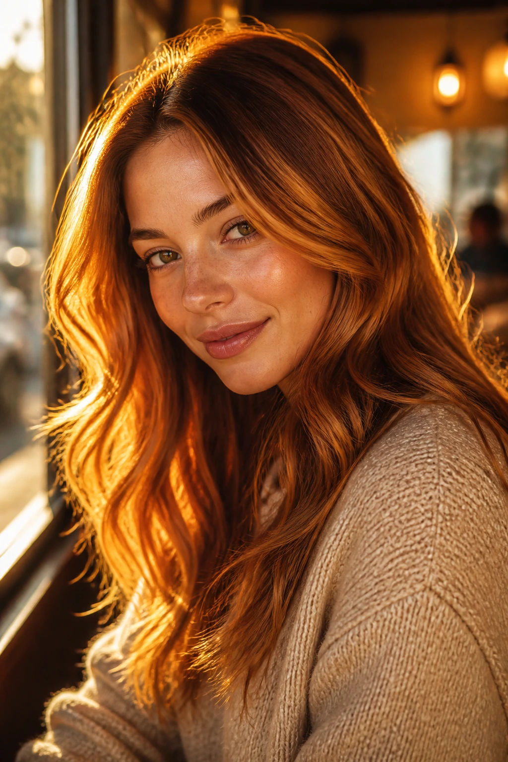 Close-up of a real person with a glowing amber halo around the facehair