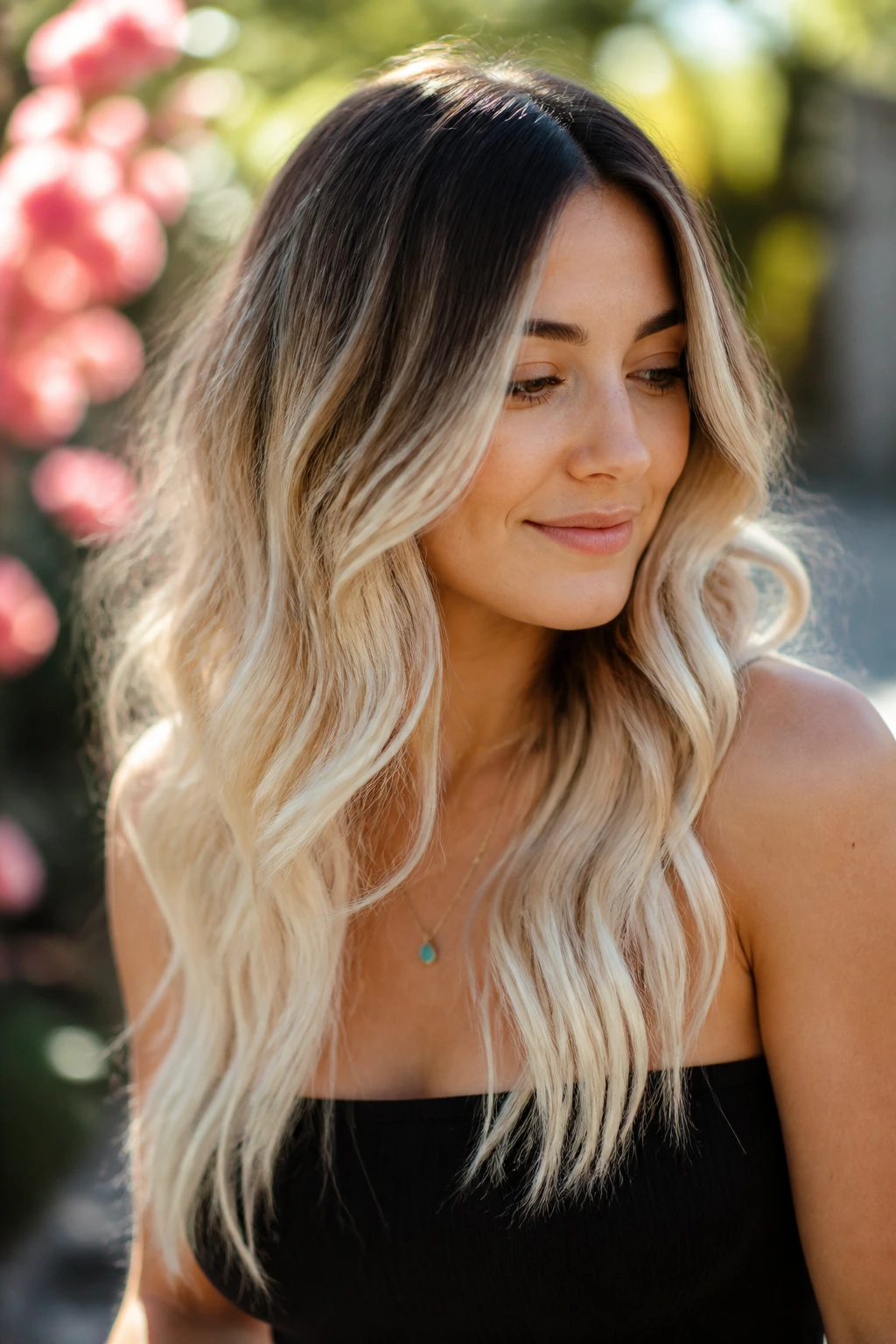 Close-up of a real woman with ultra-light ends and shadow root