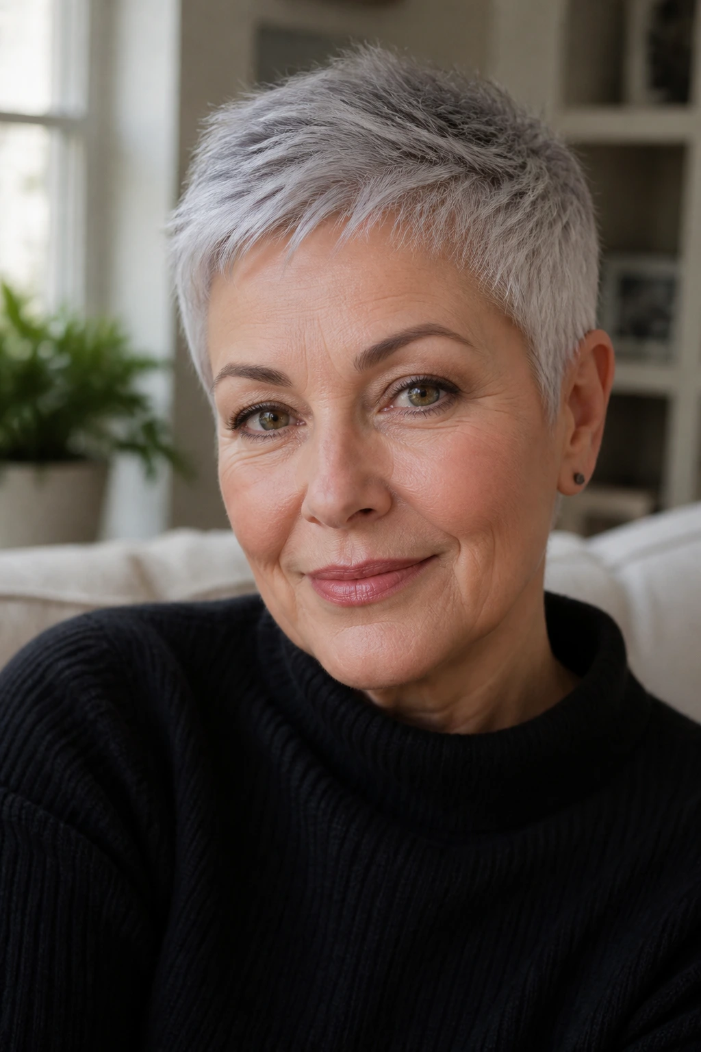 Close-up of a woman with ultra-short crop and soft edge around ears