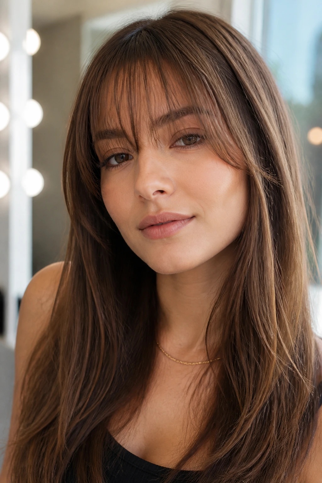 Close-up of ultra-soft long-hair fringe framing the face