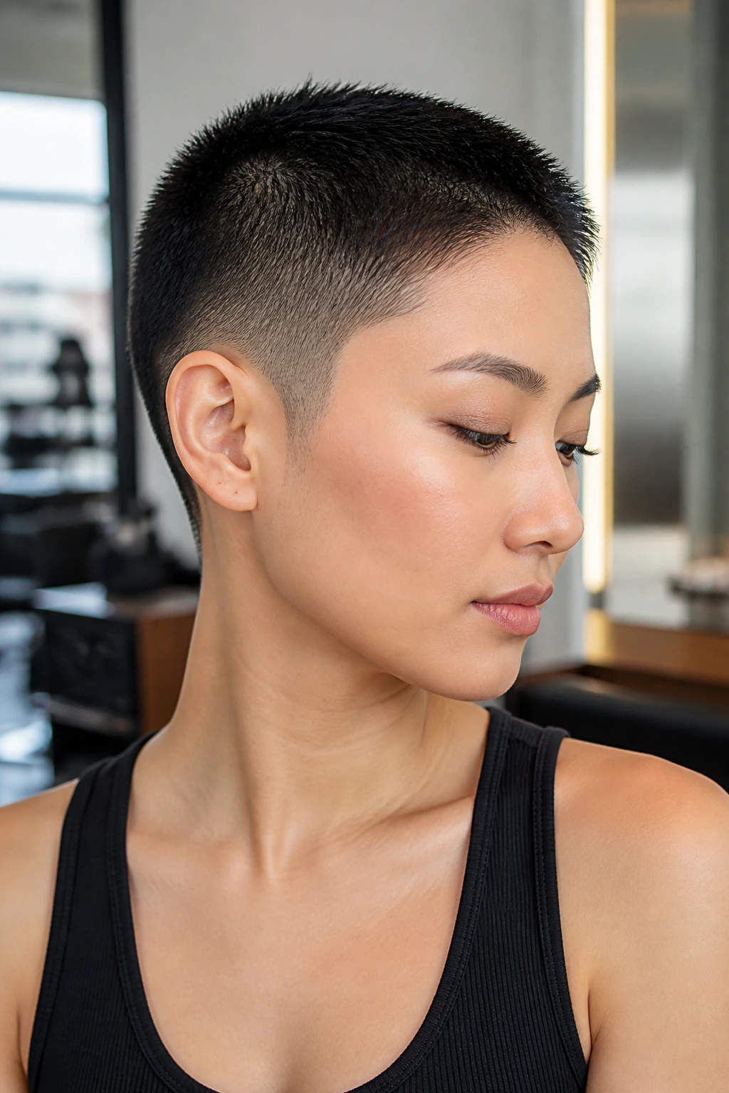 Close-up portrait of a real woman with ultra-short crop and blended sides in a modern salon
